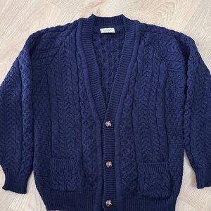 Vtg Pure Wool Aran Cable Knit Cardigan Sweater - Navy